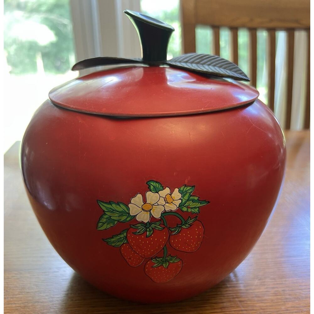 Red Metal Strawberry Pattern Lidded Jar Canister, 2-Piece Set